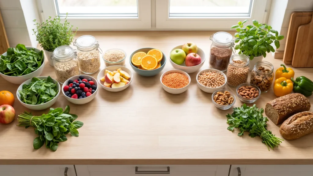 Fruits, légumes, légumineuses et céréales complètes riches en fibres