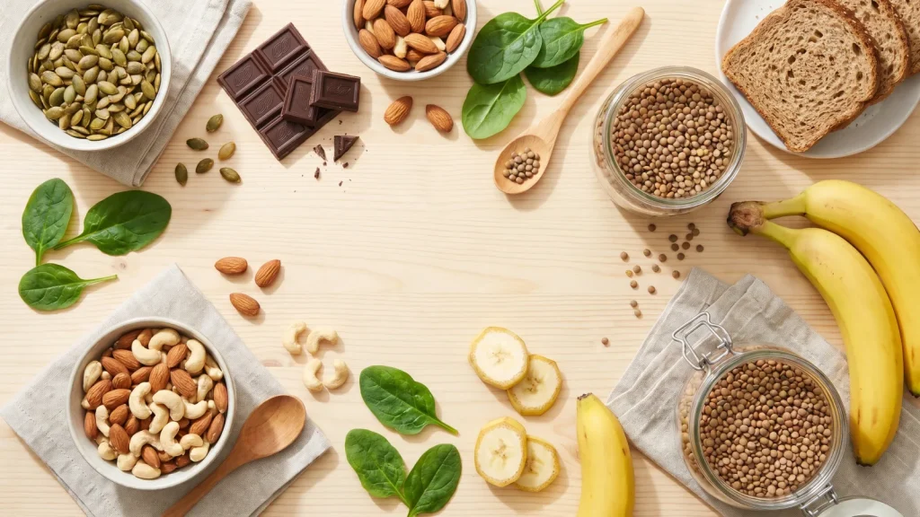 Aliments riches en magnésium : graines de courge, chocolat noir, amandes et légumes verts