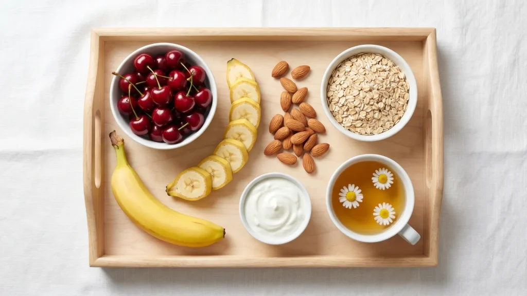 Aliments favorisant le sommeil disposés sur un plateau