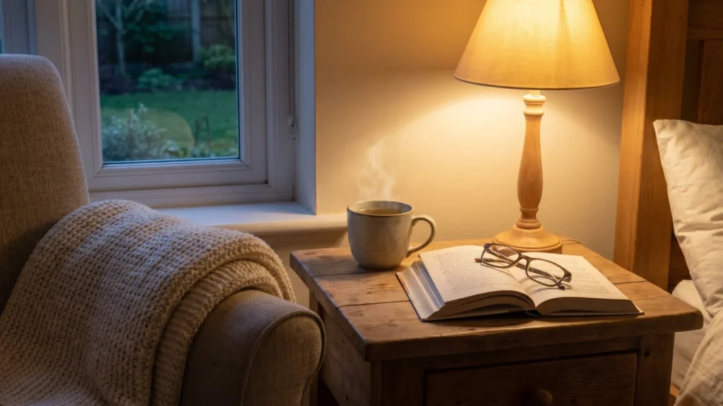 Routine du soir apaisante avec tisane et lecture pour favoriser l'endormissement