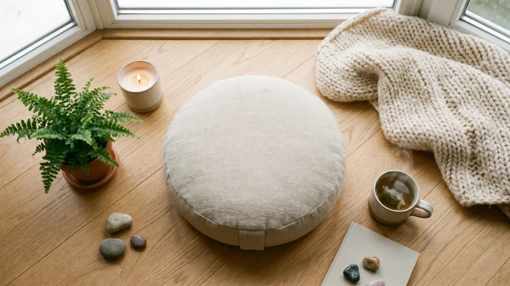 Coin méditation à la maison avec coussin et bougie