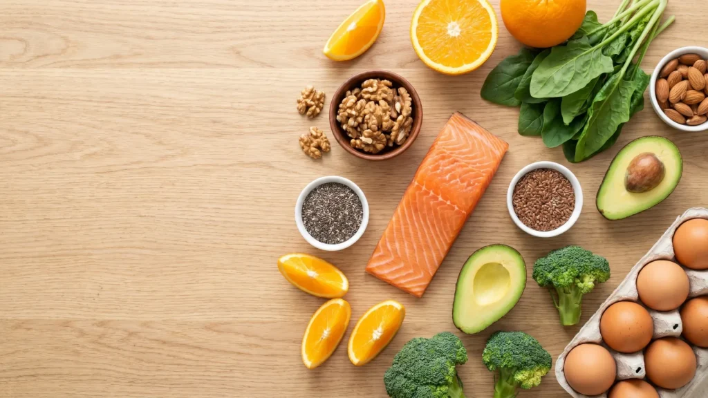 Aliments riches en nutriments : poissons gras, oléagineux, fruits et légumes