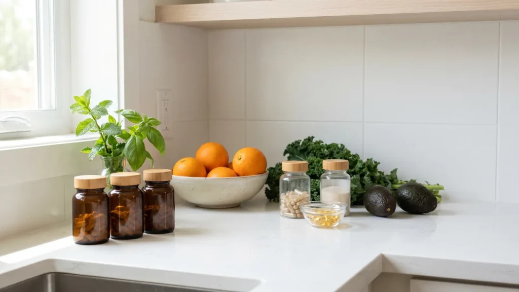 Compléments alimentaires en gélules à côté de fruits et légumes frais