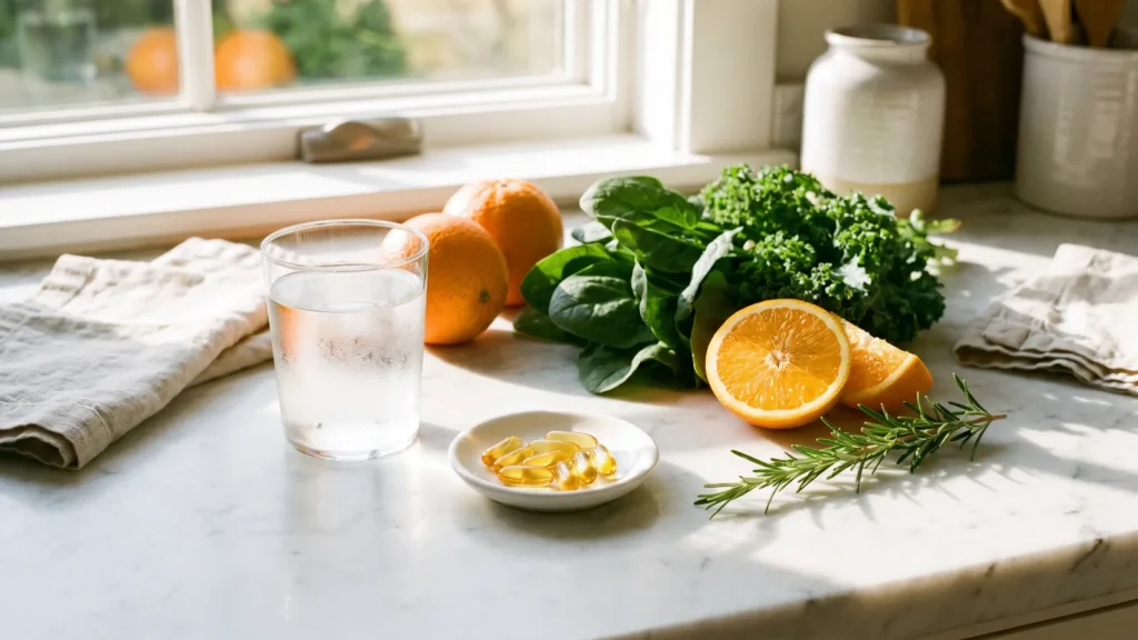 Gélules d’oméga-3 avec un verre d’eau et des aliments sains