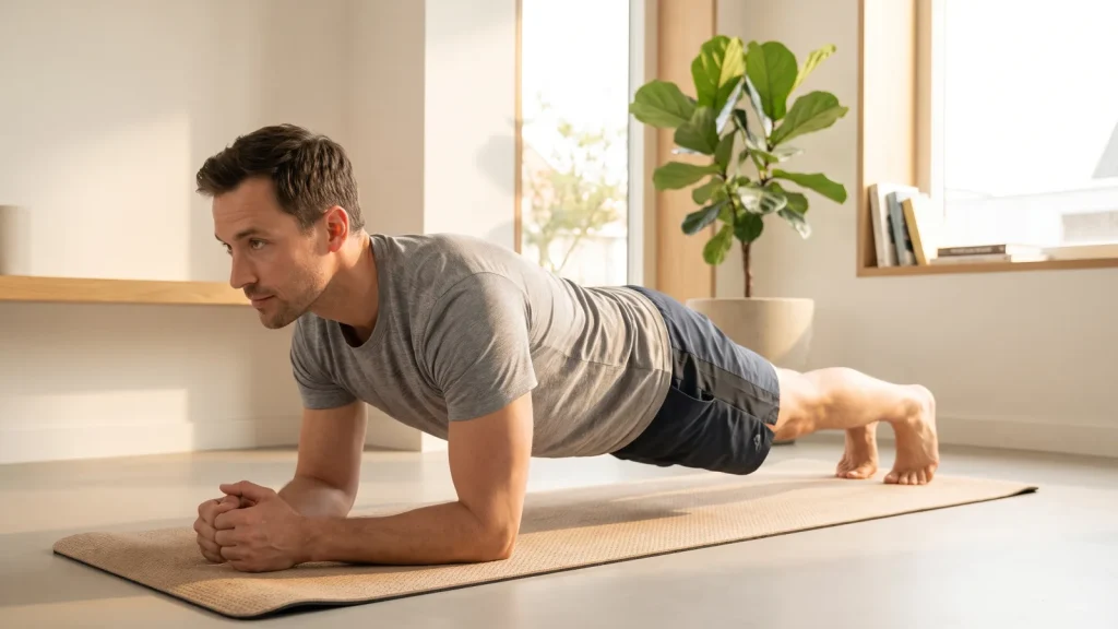Homme en position de gainage (planche) sur un tapis à la maison