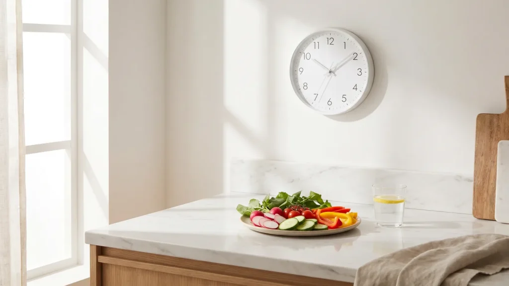 Methode 16/8 du jeune intermittent : horloge et legumes frais