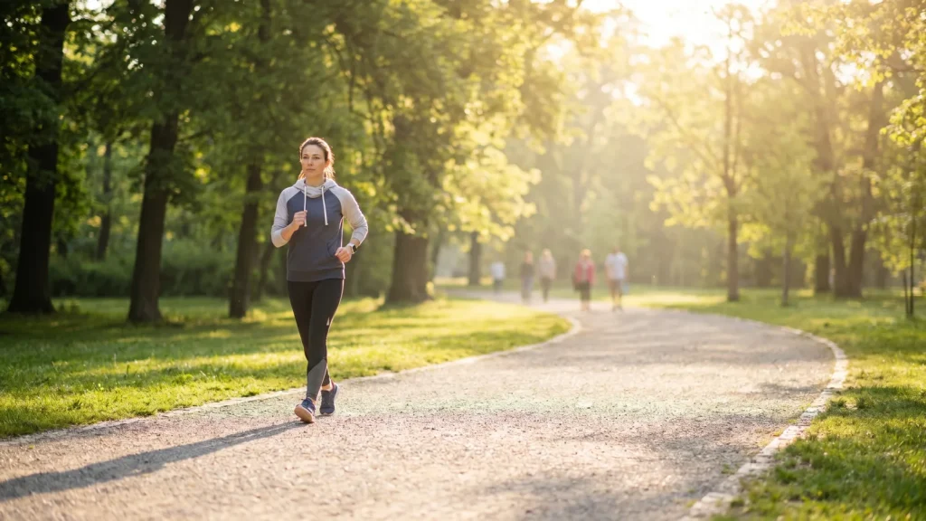 Personne marchant d'un bon pas sur un chemin de parc ensoleillé, illustrant les 10000 pas par jour