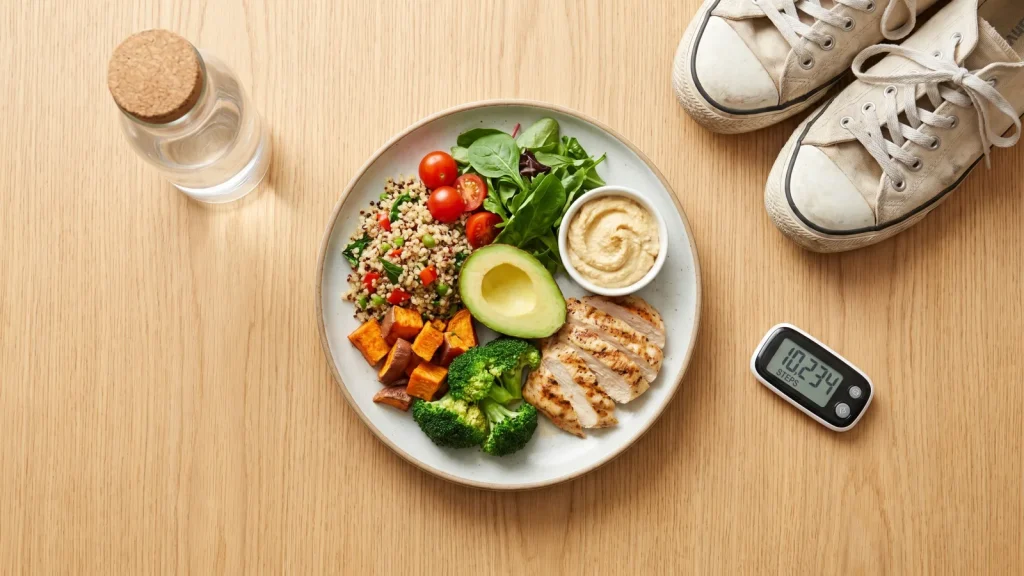 Repas équilibré, chaussures de marche et podomètre