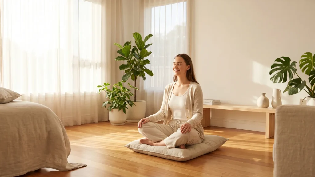 Femme méditant en pleine conscience dans un salon lumineux