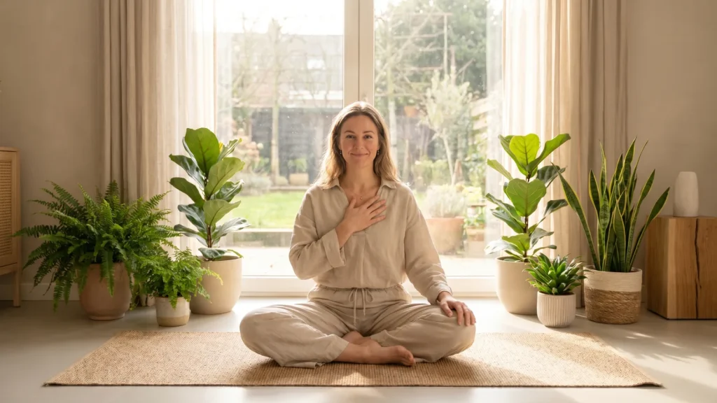 Femme pratiquant la respiration consciente près d une fenêtre