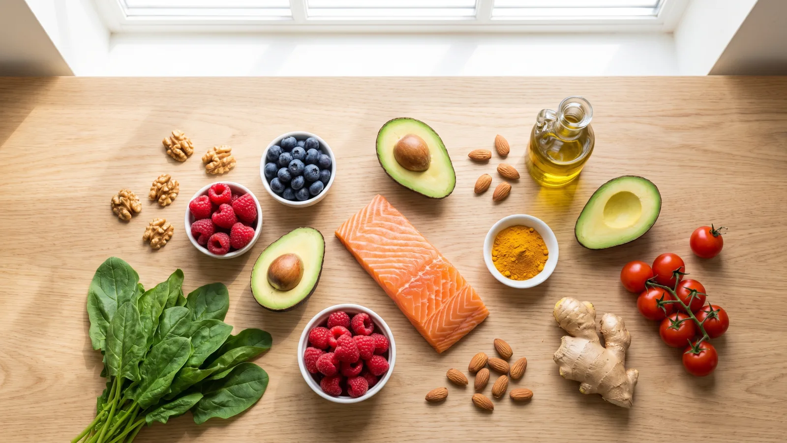 Aliments anti-inflammatoires : saumon, avocat, fruits rouges, noix et huile d'olive sur une table en bois