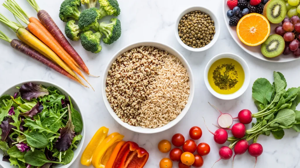 Assortiment de légumes frais, légumes secs et céréales complètes vu de dessus