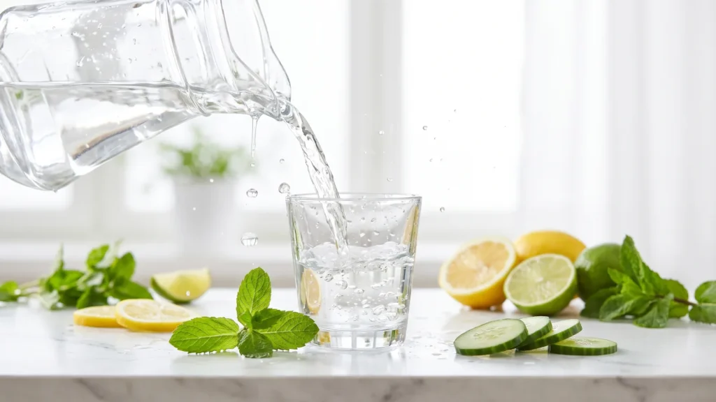 Eau versée dans un verre, s'hydrater régulièrement
