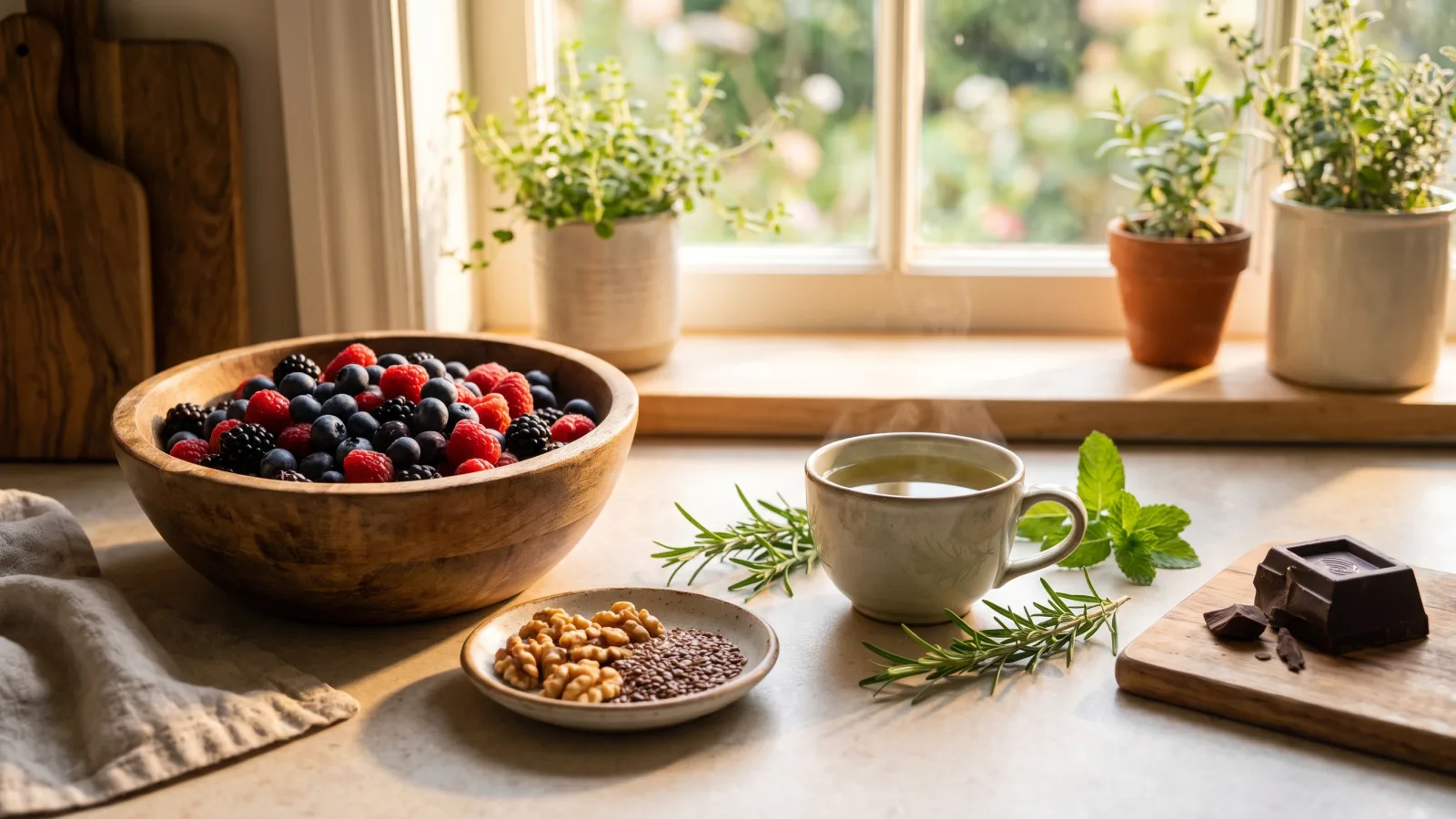 Bol de fruits rouges, noix, graines et thé vert sur un plan de travail ensoleillé