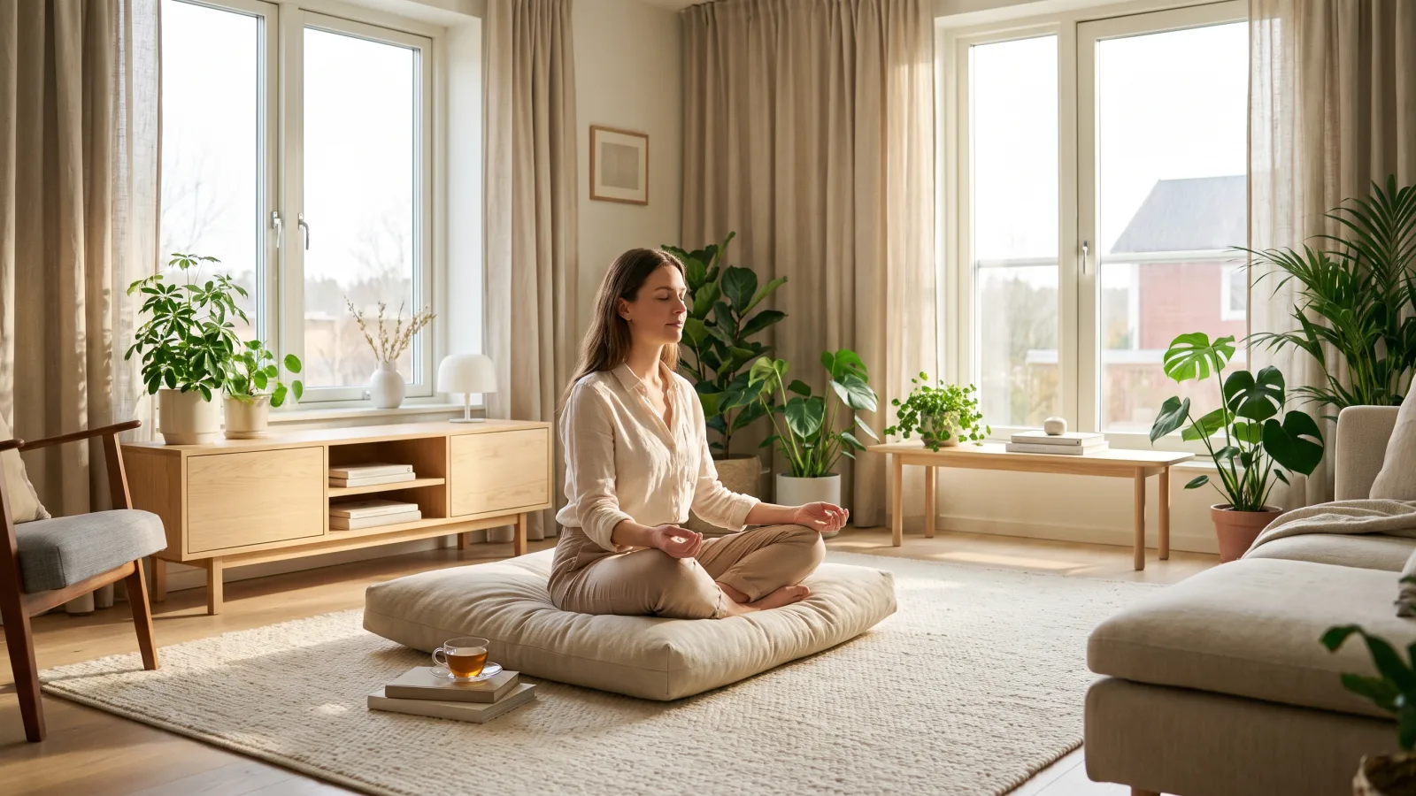 Femme pratiquant un exercice de respiration pour gérer le stress dans un salon lumineux