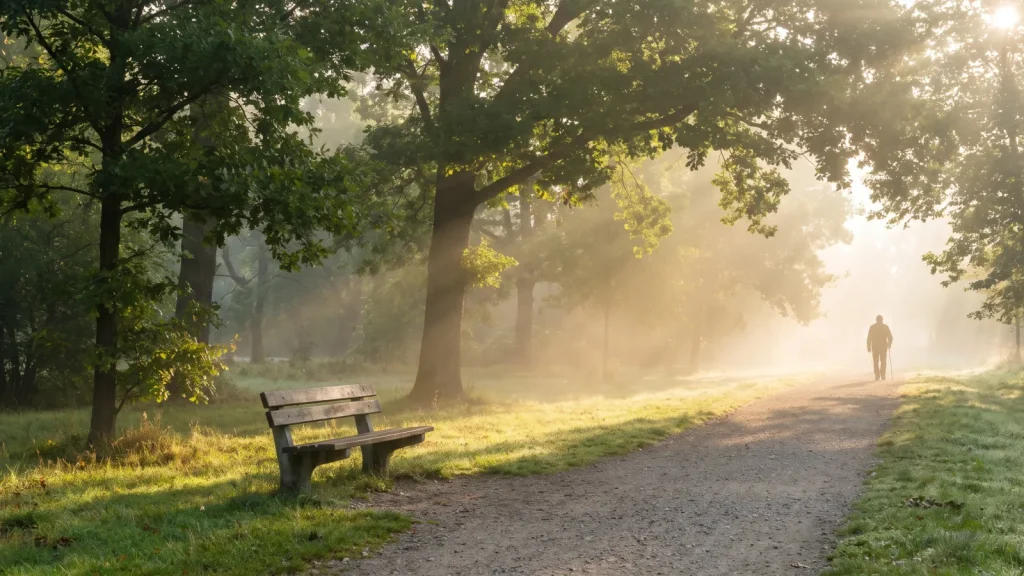 Chemin de parc ensoleillé au petit matin avec un banc en bois