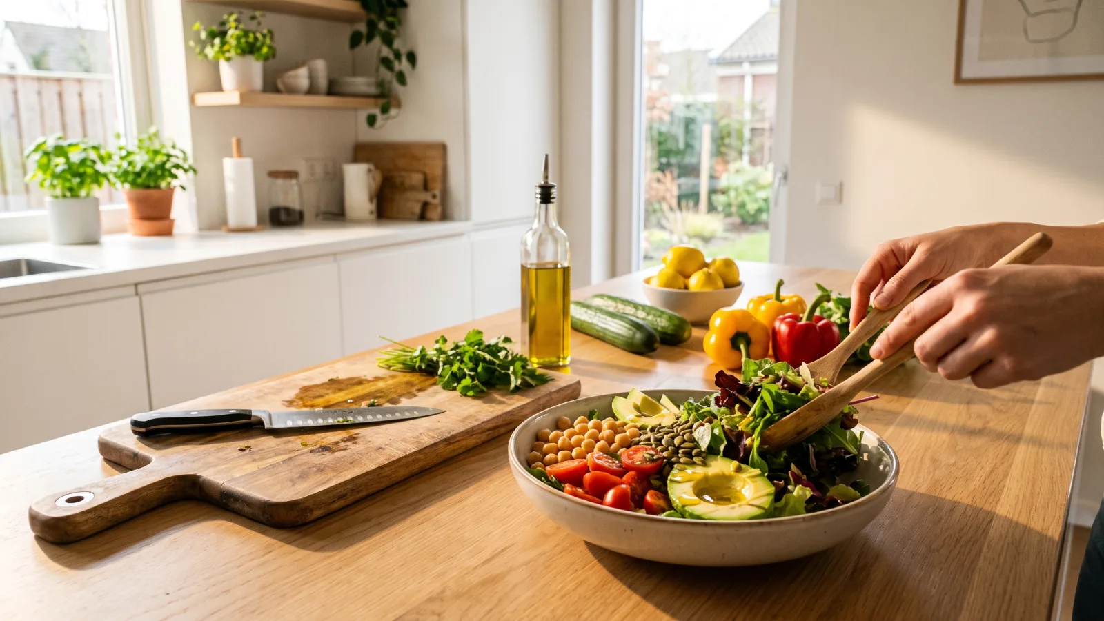 Préparation d'une salade fraîche et colorée dans une cuisine lumineuse