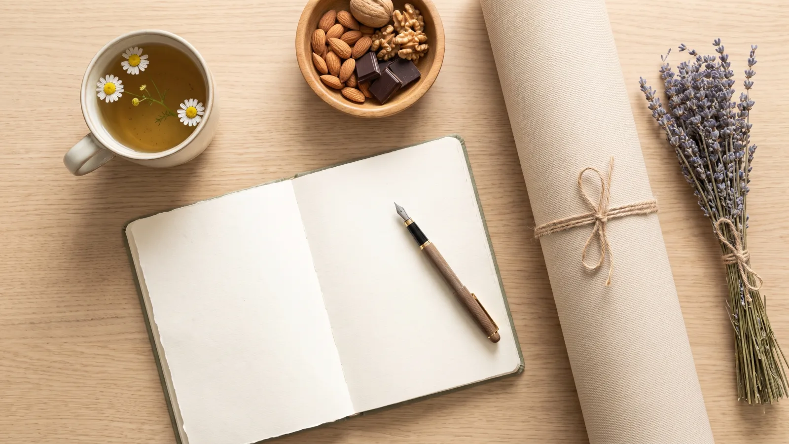 Mise en scène bien-être : tisane, carnet et aliments sains pour gérer le stress
