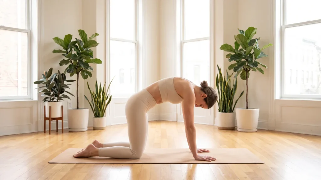 Posture du chat-vache en yoga pour mobiliser la colonne