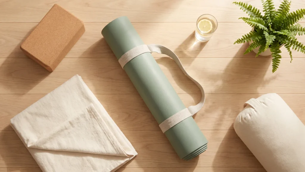 Matériel de yoga : tapis, brique et sangle pour débuter