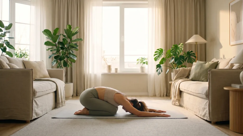 Femme en posture de l enfant, un exercice de yoga pour le dos